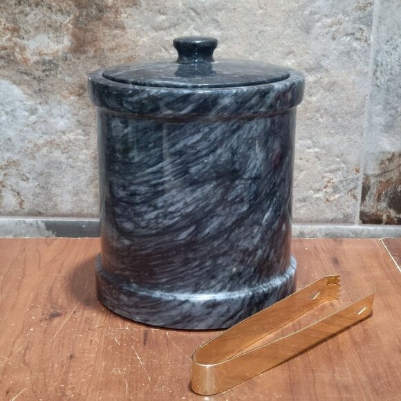 Vintage Dark Grey Heavy Marble Ice Bucket Matching Lid Pair Gold Toned Metal To - Picture 9 of 10